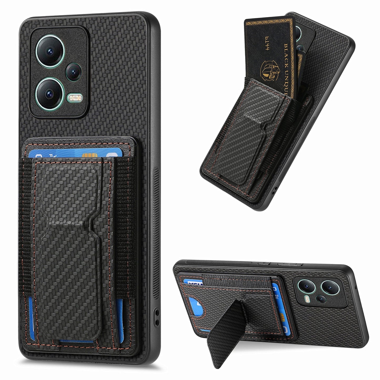 Xiaomi 13 Lite Carbon Fiber Fold Stand Elastic Card Bag Phone Case with Multi-Functional Wallet