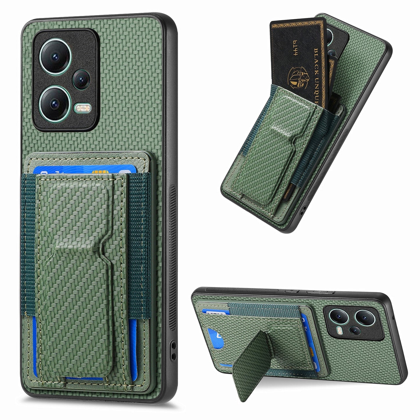 Xiaomi 13 Lite Carbon Fiber Fold Stand Elastic Card Bag Phone Case with Multi-Functional Wallet
