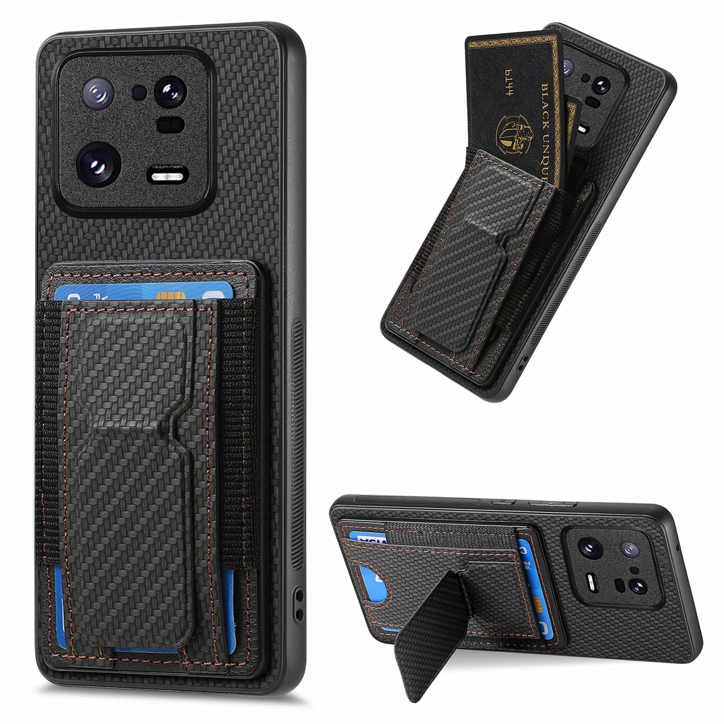 Xiaomi 13 Pro 5G Carbon Fiber Fold Stand Elastic Card Bag Phone Case with Multi-Functional Wallet