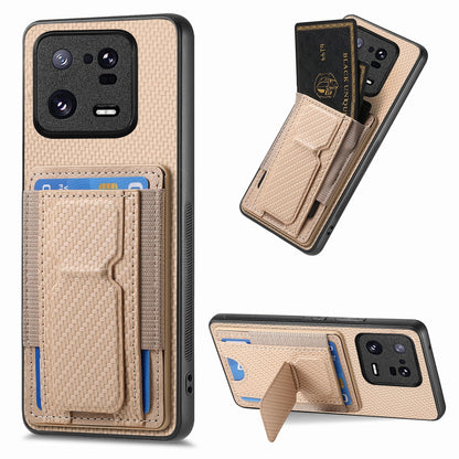 Xiaomi 13 Pro 5G Carbon Fiber Fold Stand Elastic Card Bag Phone Case with Multi-Functional Wallet