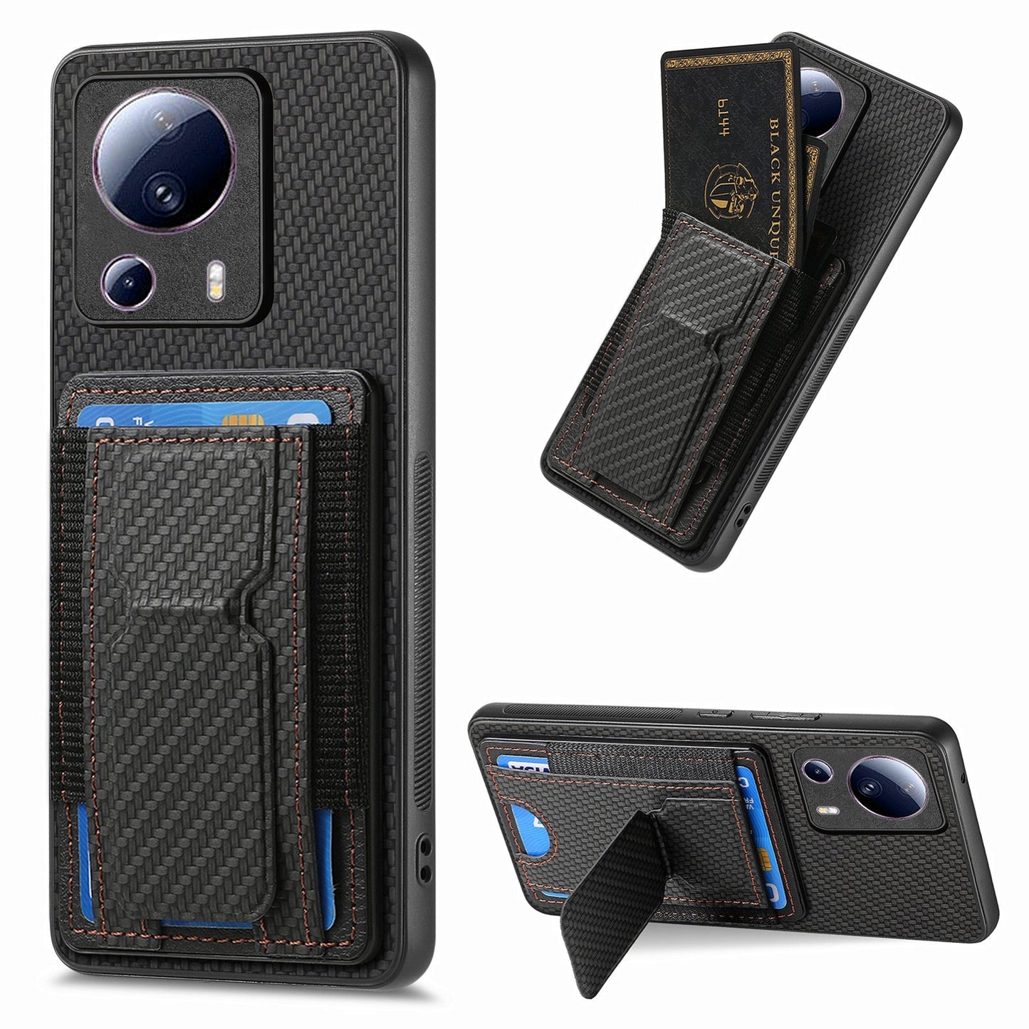 Xiaomi Civi 2 Carbon Fiber Fold Stand Elastic Card Bag Phone Case with Multi-Functional Wallet