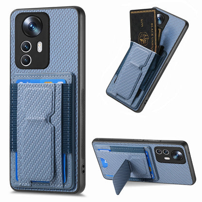 Xiaomi 12T Pro Carbon Fiber Fold Stand Elastic Card Bag Phone Case with Multi-Functional Wallet