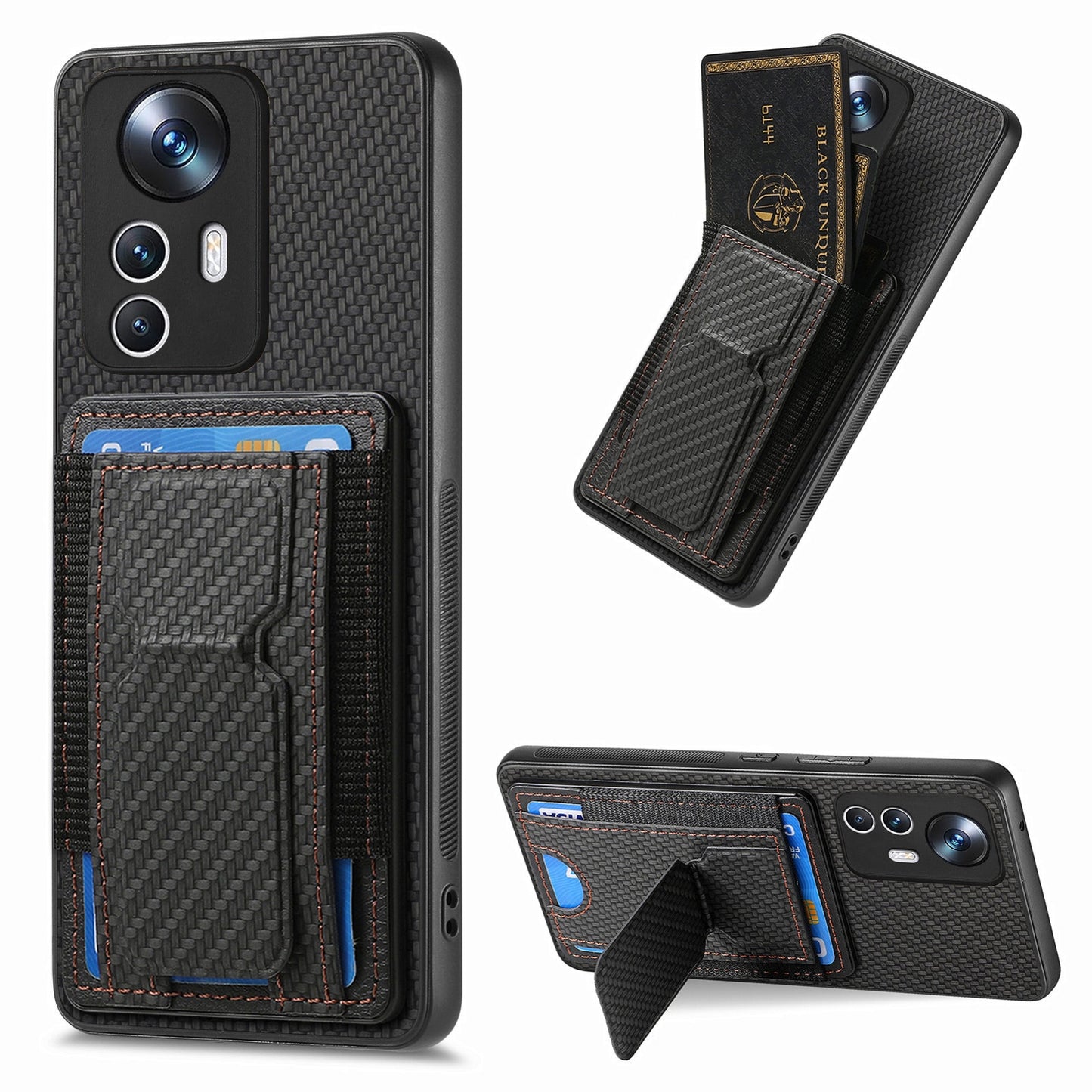 Xiaomi 12T Carbon Fiber Fold Stand Elastic Card Bag Phone Case with Multi-Functional Wallet
