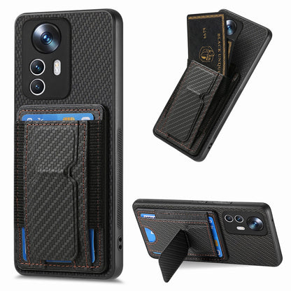 Xiaomi 12T Carbon Fiber Fold Stand Elastic Card Bag Phone Case with Multi-Functional Wallet