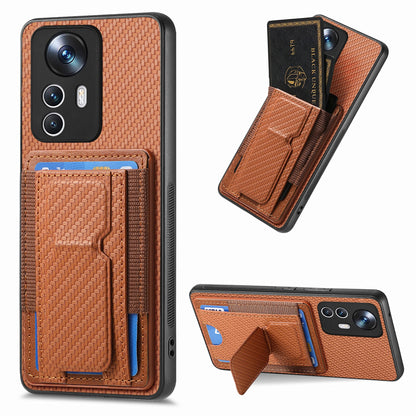 Xiaomi 12T Carbon Fiber Fold Stand Elastic Card Bag Phone Case with Multi-Functional Wallet