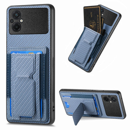 Xiaomi Poco M5 4G Carbon Fiber Fold Stand Elastic Card Bag Phone Case with Multi-Functional Wallet