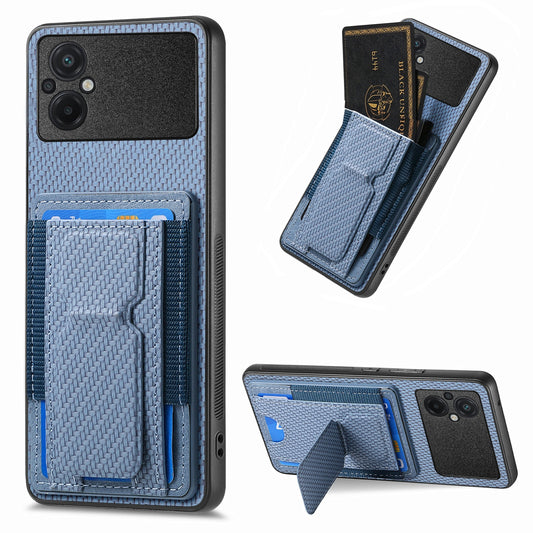 Xiaomi Poco M5 4G Carbon Fiber Fold Stand Elastic Card Bag Phone Case with Multi-Functional Wallet