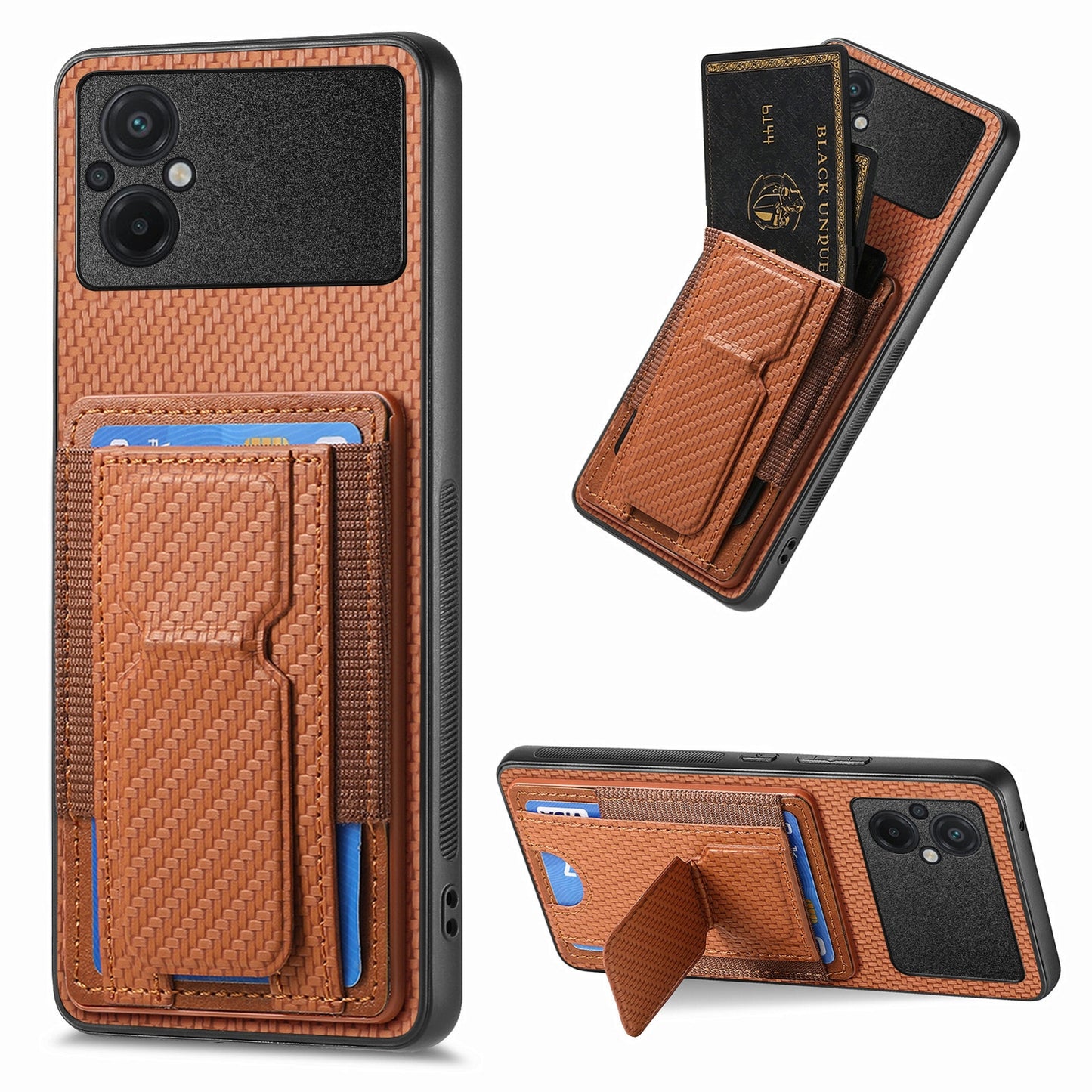 Xiaomi Poco M5 4G Carbon Fiber Fold Stand Elastic Card Bag Phone Case with Multi-Functional Wallet