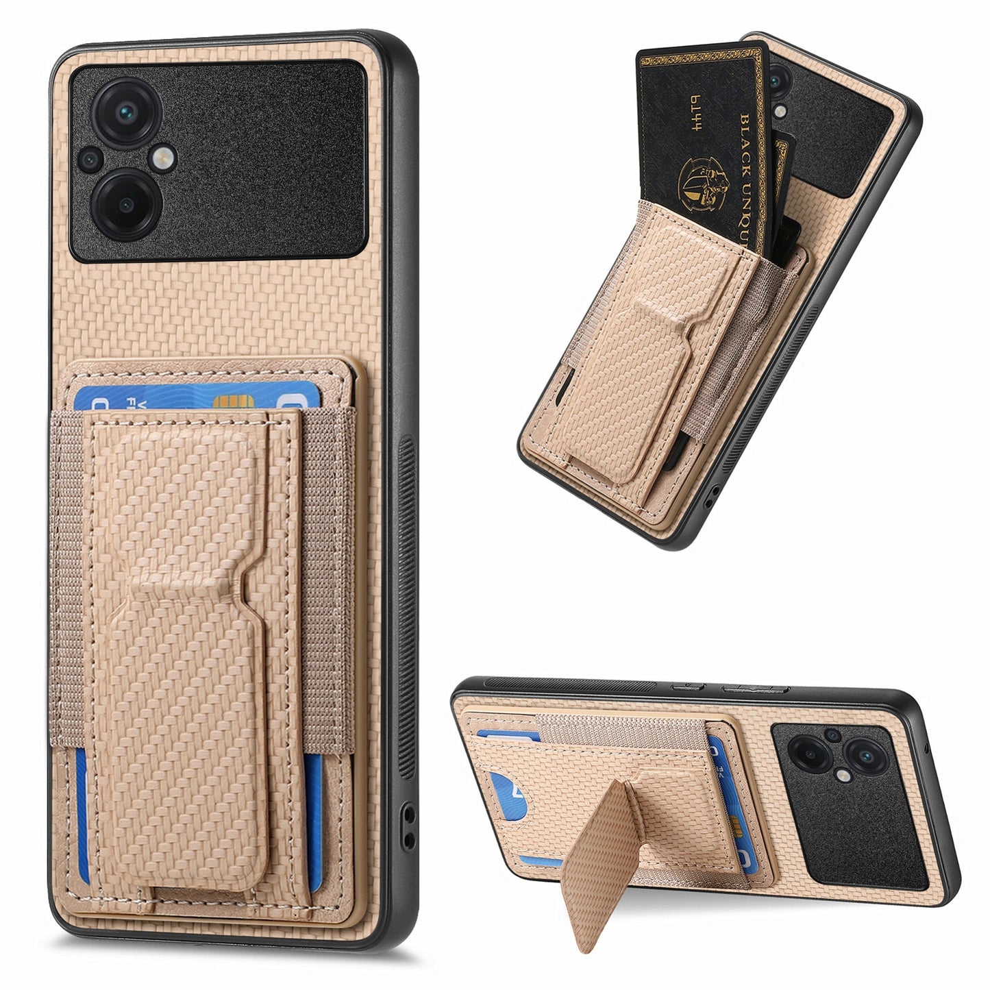 Xiaomi Poco M5 4G Carbon Fiber Fold Stand Elastic Card Bag Phone Case with Multi-Functional Wallet