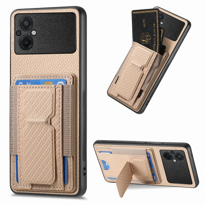 Xiaomi Poco M5 4G Carbon Fiber Fold Stand Elastic Card Bag Phone Case with Multi-Functional Wallet