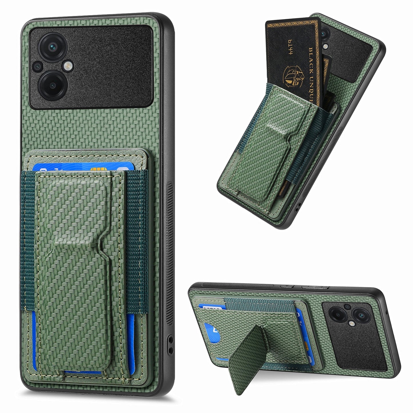 Xiaomi Poco M5 4G Carbon Fiber Fold Stand Elastic Card Bag Phone Case with Multi-Functional Wallet