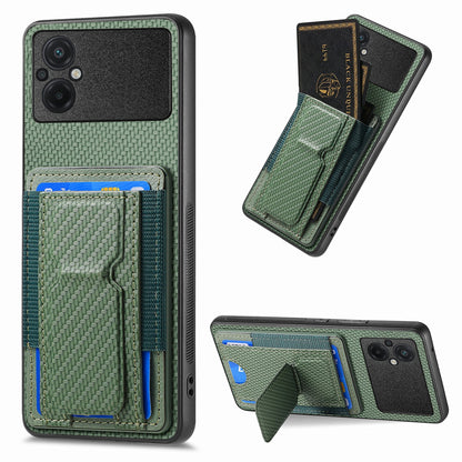 Xiaomi Poco M5 4G Carbon Fiber Fold Stand Elastic Card Bag Phone Case with Multi-Functional Wallet