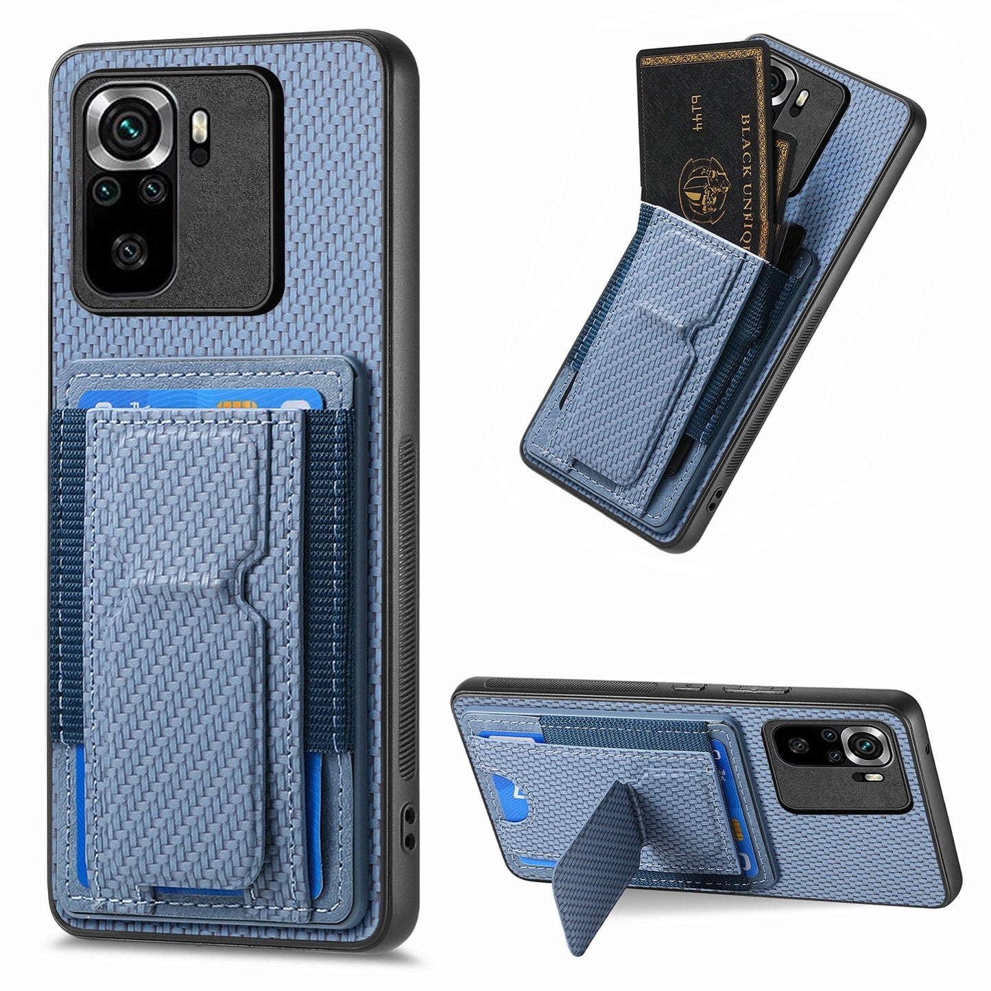 Xiaomi Poco M5s 4G Carbon Fiber Fold Stand Elastic Card Bag Phone Case with Multi-Functional Wallet