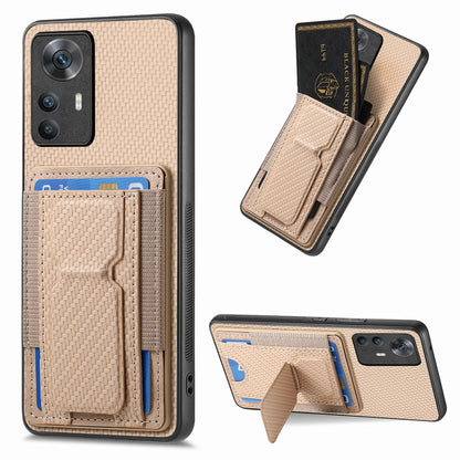 Xiaomi Redmi K50 Ultra Carbon Fiber Fold Stand Elastic Card Bag Phone Case with Multi-Functional Wallet
