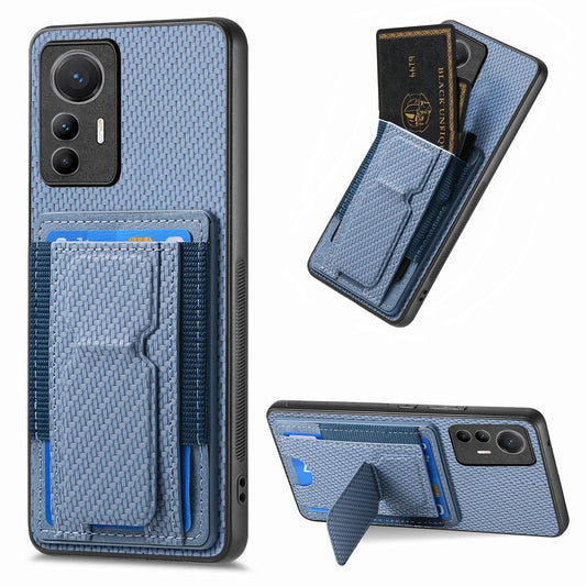 For Xiaomi 12 Lite Carbon Fiber Fold Stand Elastic Card Bag Phone Case with Multi-Functional Wallet