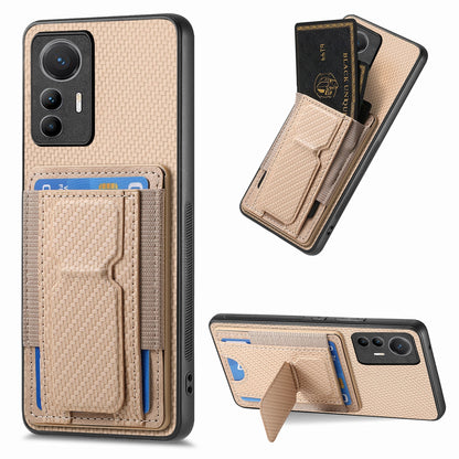 For Xiaomi 12 Lite Carbon Fiber Fold Stand Elastic Card Bag Phone Case with Multi-Functional Wallet