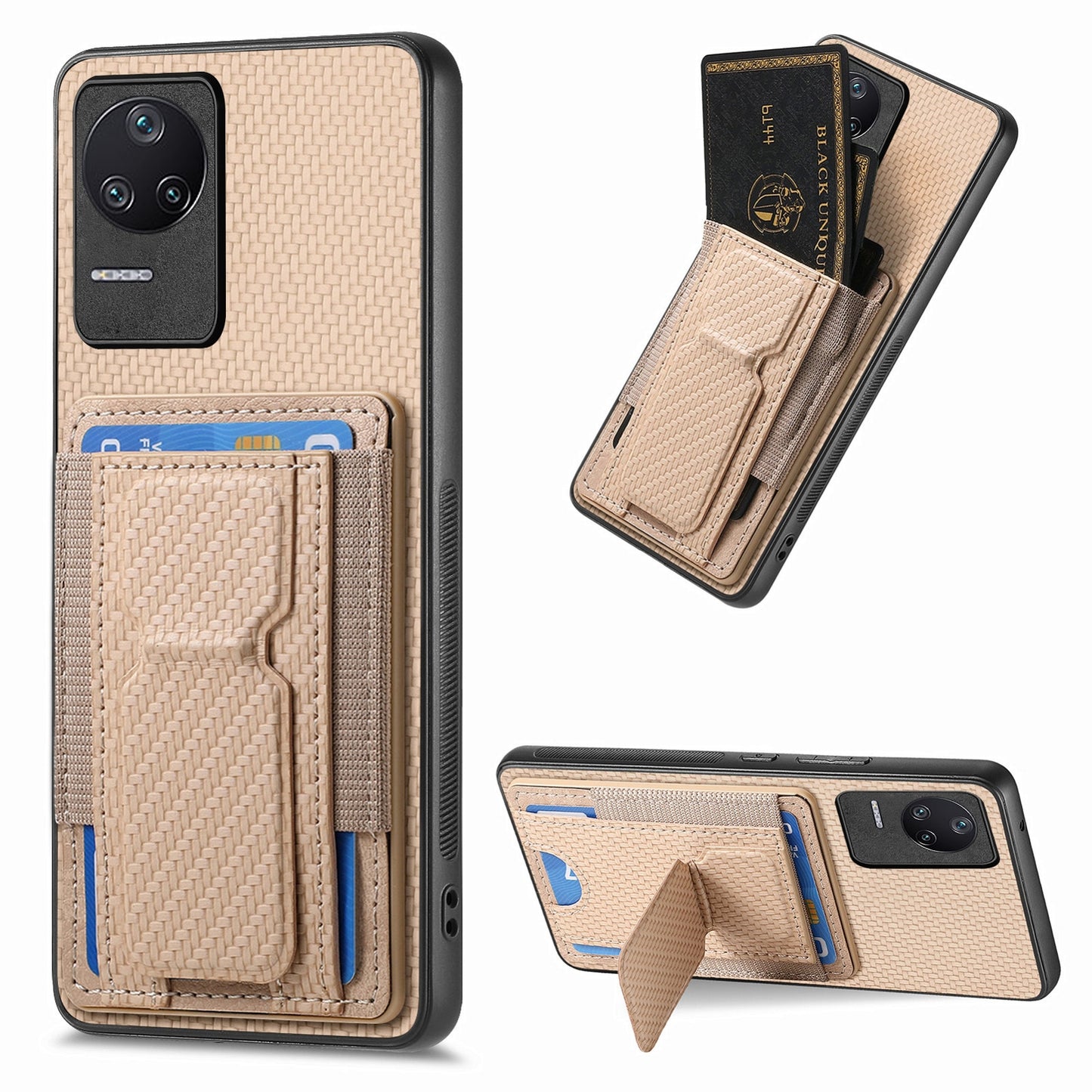 Xiaomi Redmi K40S Carbon Fiber Fold Stand Elastic Card Bag Phone Case with Multi-Functional Wallet
