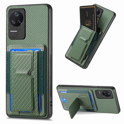Xiaomi Redmi K40S Carbon Fiber Fold Stand Elastic Card Bag Phone Case with Multi-Functional Wallet