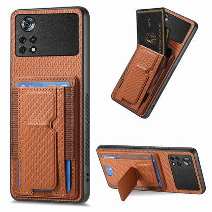 Xiaomi Poco X4 Pro 5G Carbon Fiber Fold Stand Elastic Card Bag Phone Case with Multi-Functional Wallet