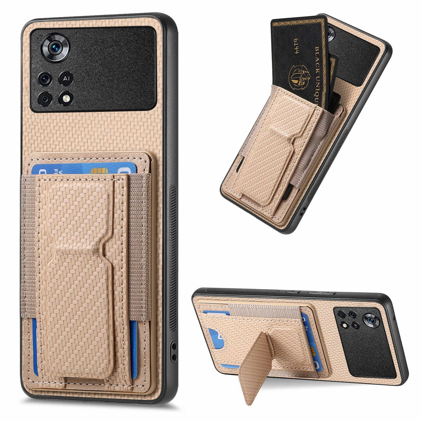 Xiaomi Poco X4 Pro 5G Carbon Fiber Fold Stand Elastic Card Bag Phone Case with Multi-Functional Wallet