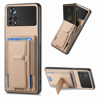 Xiaomi Poco X4 Pro 5G Carbon Fiber Fold Stand Elastic Card Bag Phone Case with Multi-Functional Wallet