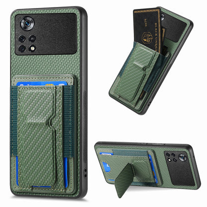 Xiaomi Poco X4 Pro 5G Carbon Fiber Fold Stand Elastic Card Bag Phone Case with Multi-Functional Wallet