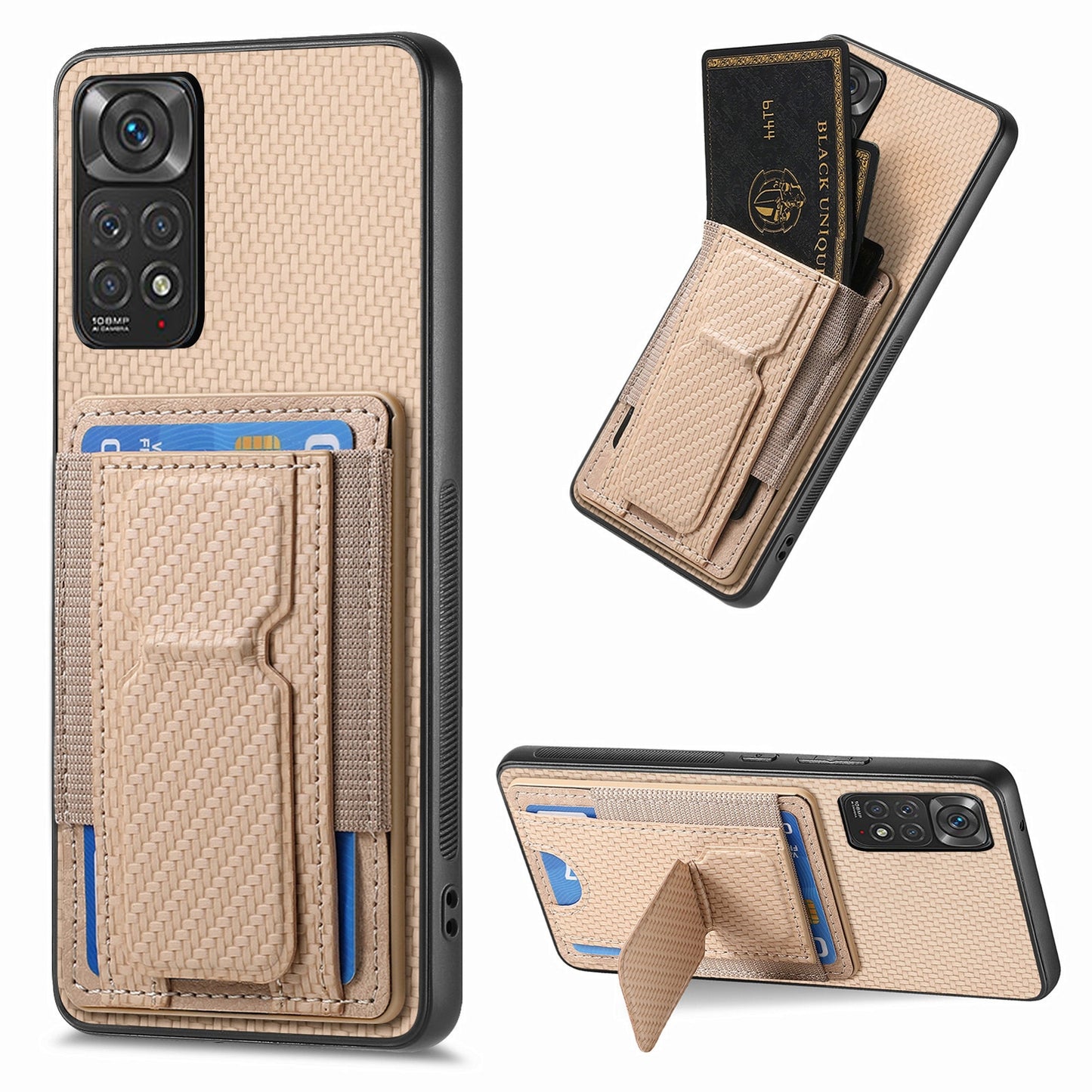Xiaomi Redmi Note 11S Carbon Fiber Fold Stand Elastic Card Bag Phone Case with Multi-Functional Wallet