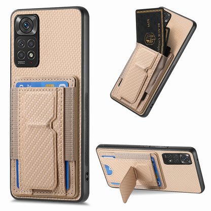 Xiaomi Redmi Note 11S Carbon Fiber Fold Stand Elastic Card Bag Phone Case with Multi-Functional Wallet