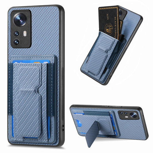 For Xiaomi 12 Pro Carbon Fiber Fold Stand Elastic Card Bag Phone Case with Multi-Functional Wallet