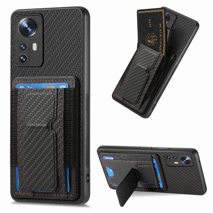 For Xiaomi 12 Pro Carbon Fiber Fold Stand Elastic Card Bag Phone Case with Multi-Functional Wallet