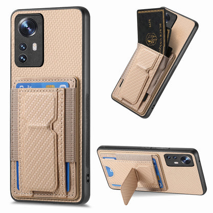 For Xiaomi 12 Pro Carbon Fiber Fold Stand Elastic Card Bag Phone Case with Multi-Functional Wallet