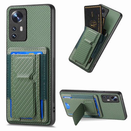 For Xiaomi 12 Pro Carbon Fiber Fold Stand Elastic Card Bag Phone Case with Multi-Functional Wallet