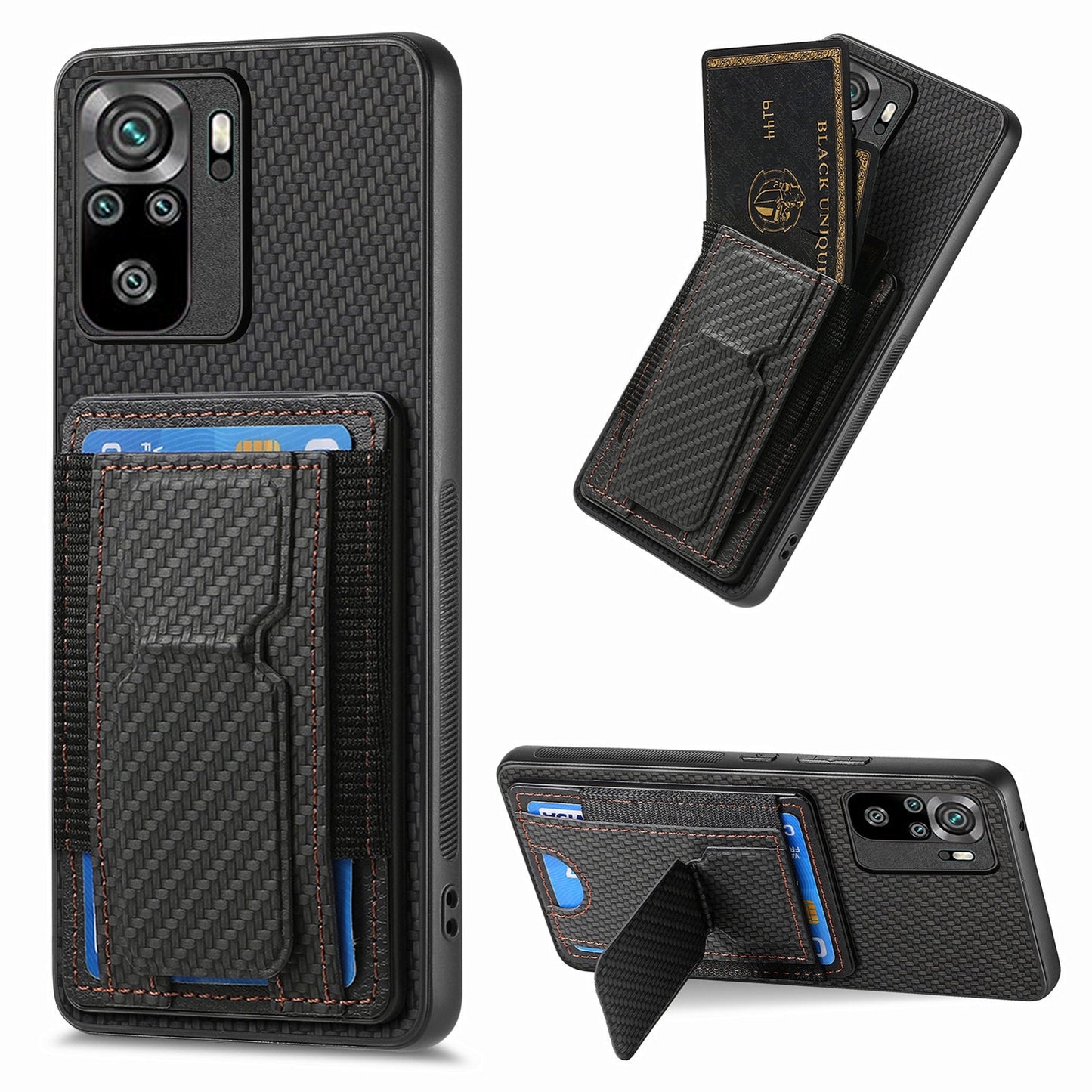 Xiaomi Redmi 10 Carbon Fiber Fold Stand Elastic Card Bag Phone Case with Multi-Functional Wallet