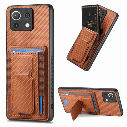 Xiaomi Mi 11 Lite Carbon Fiber Fold Stand Elastic Card Bag Phone Case with Multi-Functional Wallet