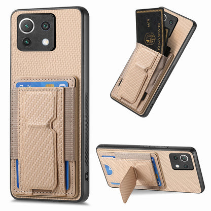 Xiaomi Mi 11 Lite Carbon Fiber Fold Stand Elastic Card Bag Phone Case with Multi-Functional Wallet
