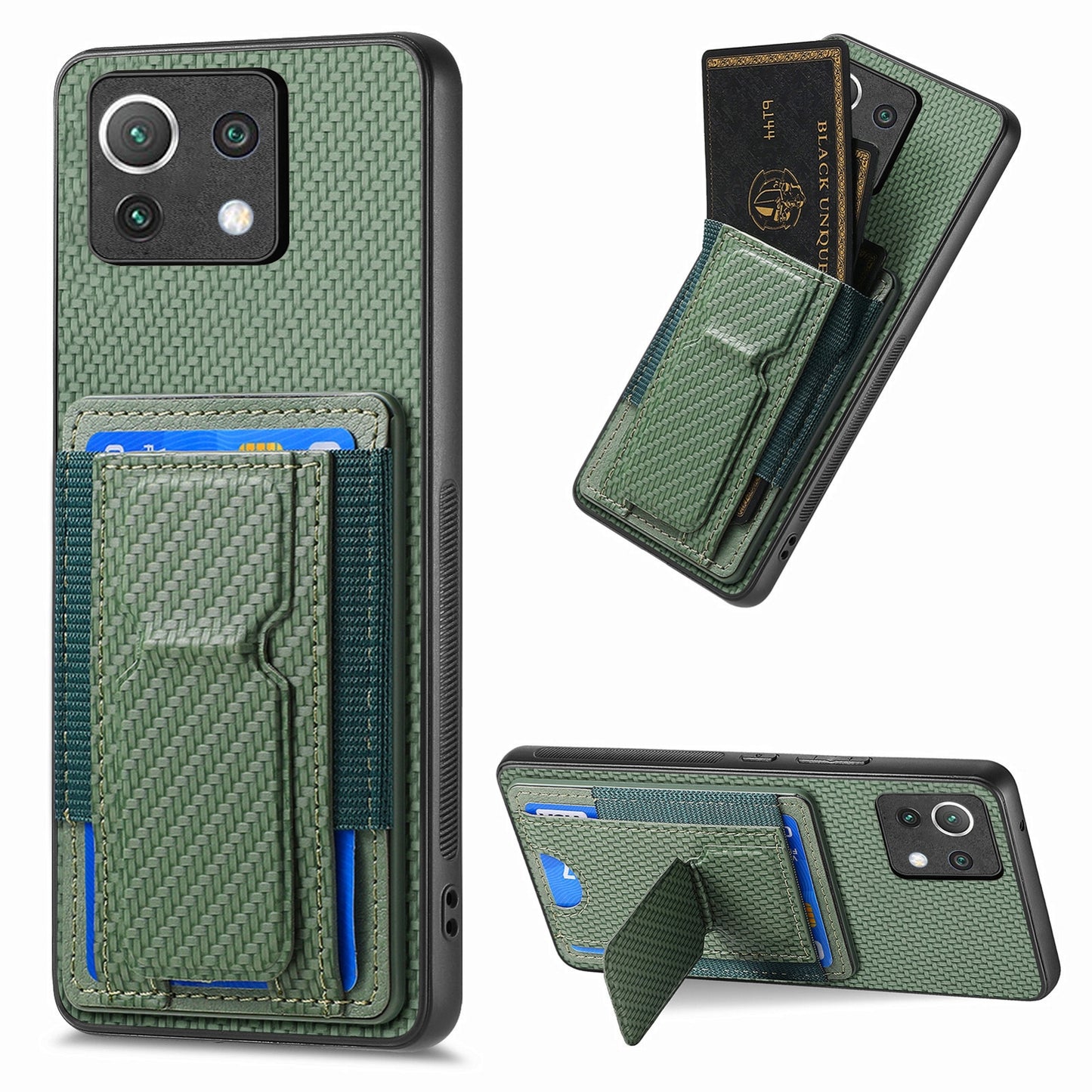Xiaomi Mi 11 Lite Carbon Fiber Fold Stand Elastic Card Bag Phone Case with Multi-Functional Wallet