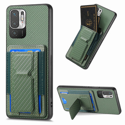 Xiaomi Redmi Note 10 5G Carbon Fiber Fold Stand Elastic Card Bag Phone Case with Multi-Functional Wallet