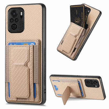 Xiaomi Redmi Note 10 4G Carbon Fiber Fold Stand Elastic Card Bag Phone Case with Multi-Functional Wallet