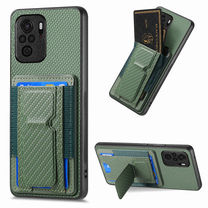 Xiaomi Redmi Note 10 4G Carbon Fiber Fold Stand Elastic Card Bag Phone Case with Multi-Functional Wallet