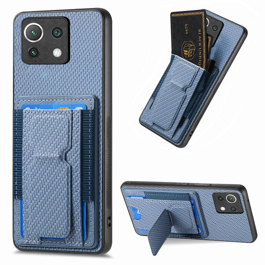 Xiaomi Mi 11 Carbon Fiber Fold Stand Elastic Card Bag Phone Case with Multi-Functional Wallet