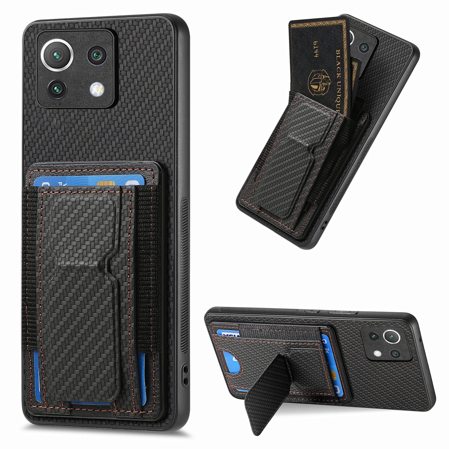 Xiaomi Mi 11 Carbon Fiber Fold Stand Elastic Card Bag Phone Case with Multi-Functional Wallet
