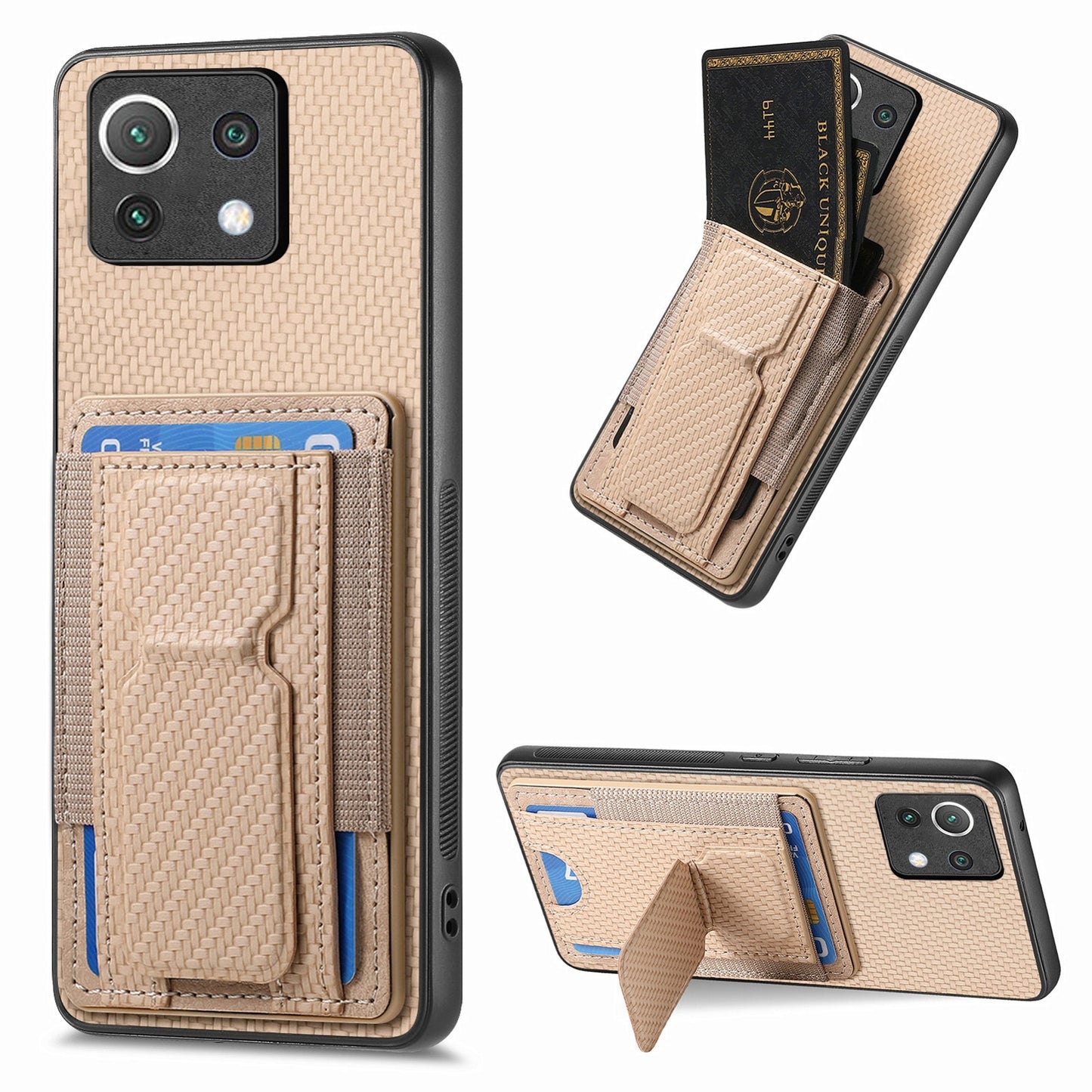 Xiaomi Mi 11 Carbon Fiber Fold Stand Elastic Card Bag Phone Case with Multi-Functional Wallet
