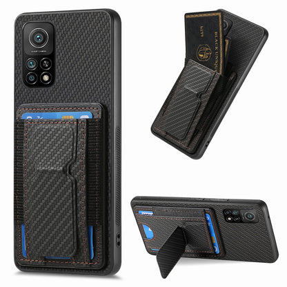 Xiaomi Mi 10T 5G Carbon Fiber Fold Stand Elastic Card Bag Phone Case with Multi-Functional Wallet
