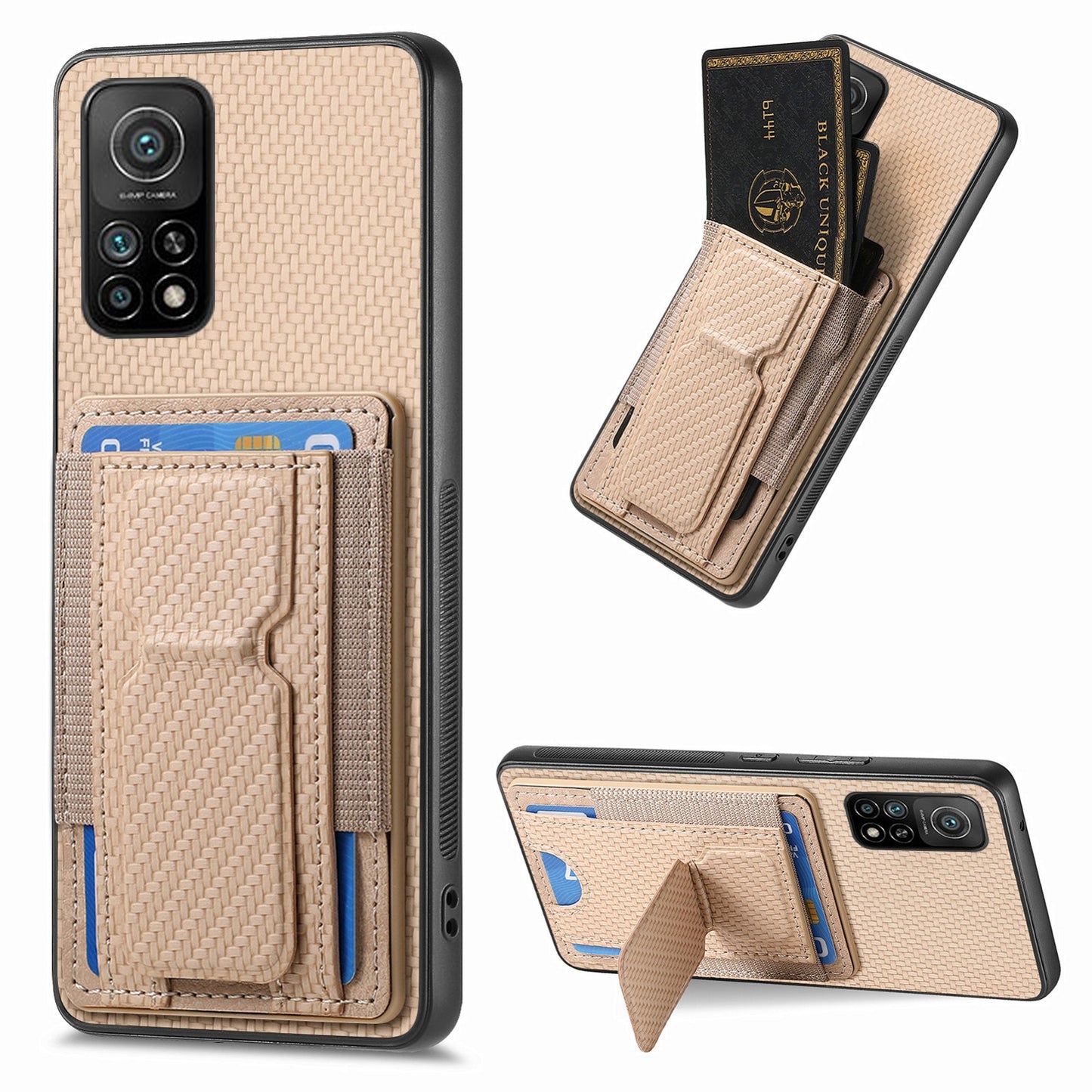Xiaomi Mi 10T 5G Carbon Fiber Fold Stand Elastic Card Bag Phone Case with Multi-Functional Wallet