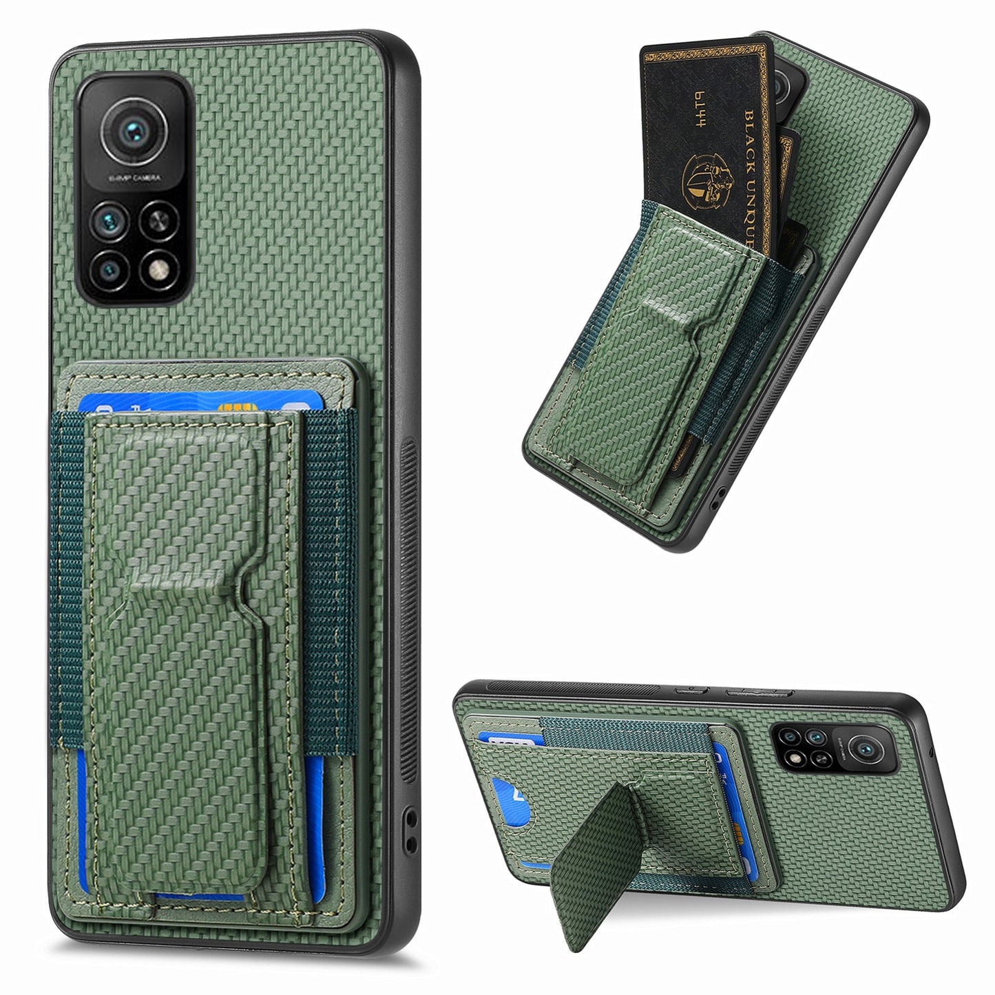 Xiaomi Mi 10T 5G Carbon Fiber Fold Stand Elastic Card Bag Phone Case with Multi-Functional Wallet