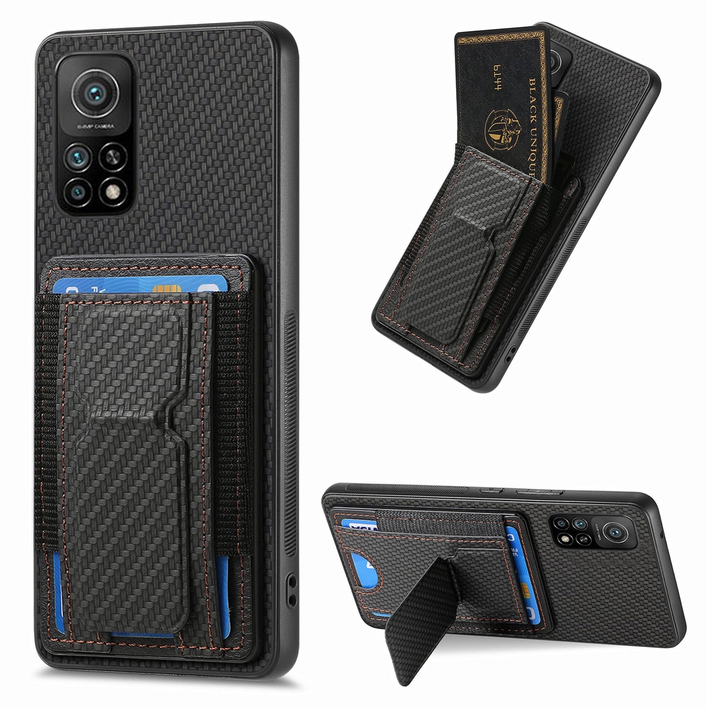 Xiaomi Mi 10T Pro Carbon Fiber Fold Stand Elastic Card Bag Phone Case with Multi-Functional Wallet