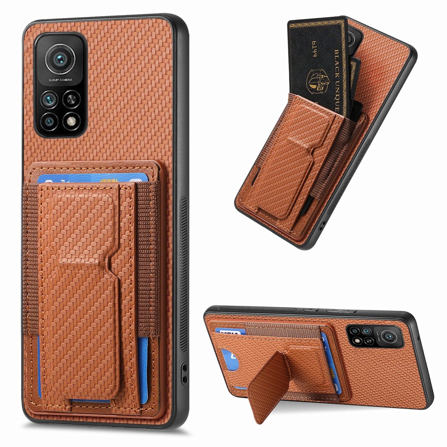 Xiaomi Mi 10T Pro Carbon Fiber Fold Stand Elastic Card Bag Phone Case with Multi-Functional Wallet