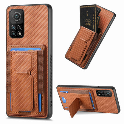 Xiaomi Mi 10T Pro Carbon Fiber Fold Stand Elastic Card Bag Phone Case with Multi-Functional Wallet