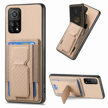 Xiaomi Mi 10T Pro Carbon Fiber Fold Stand Elastic Card Bag Phone Case with Multi-Functional Wallet