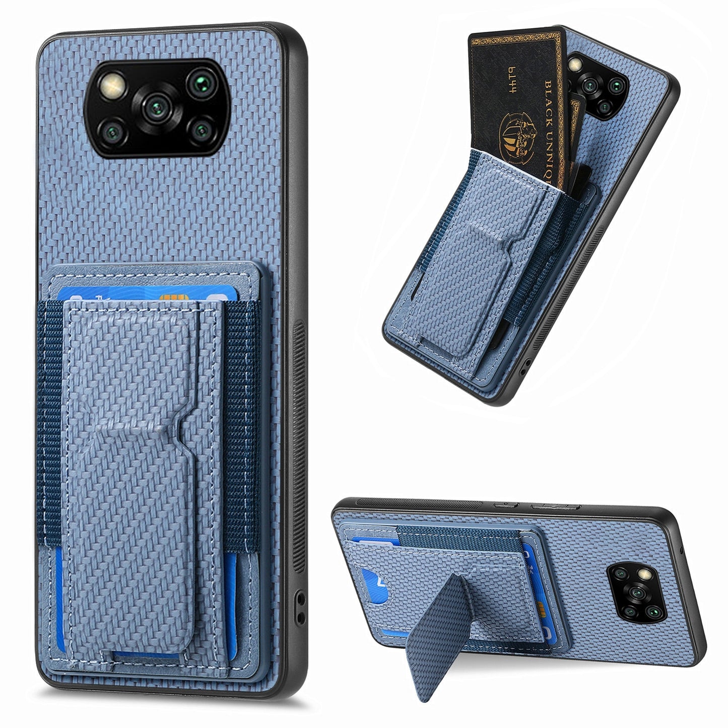 Xiaomi Poco X3 NFC Carbon Fiber Fold Stand Elastic Card Bag Phone Case with Multi-Functional Wallet